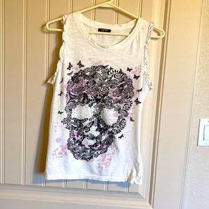 Papaya Women’ Retro Sleeveless with Ruffle Tshirt Skull Face Butterflies Size 16